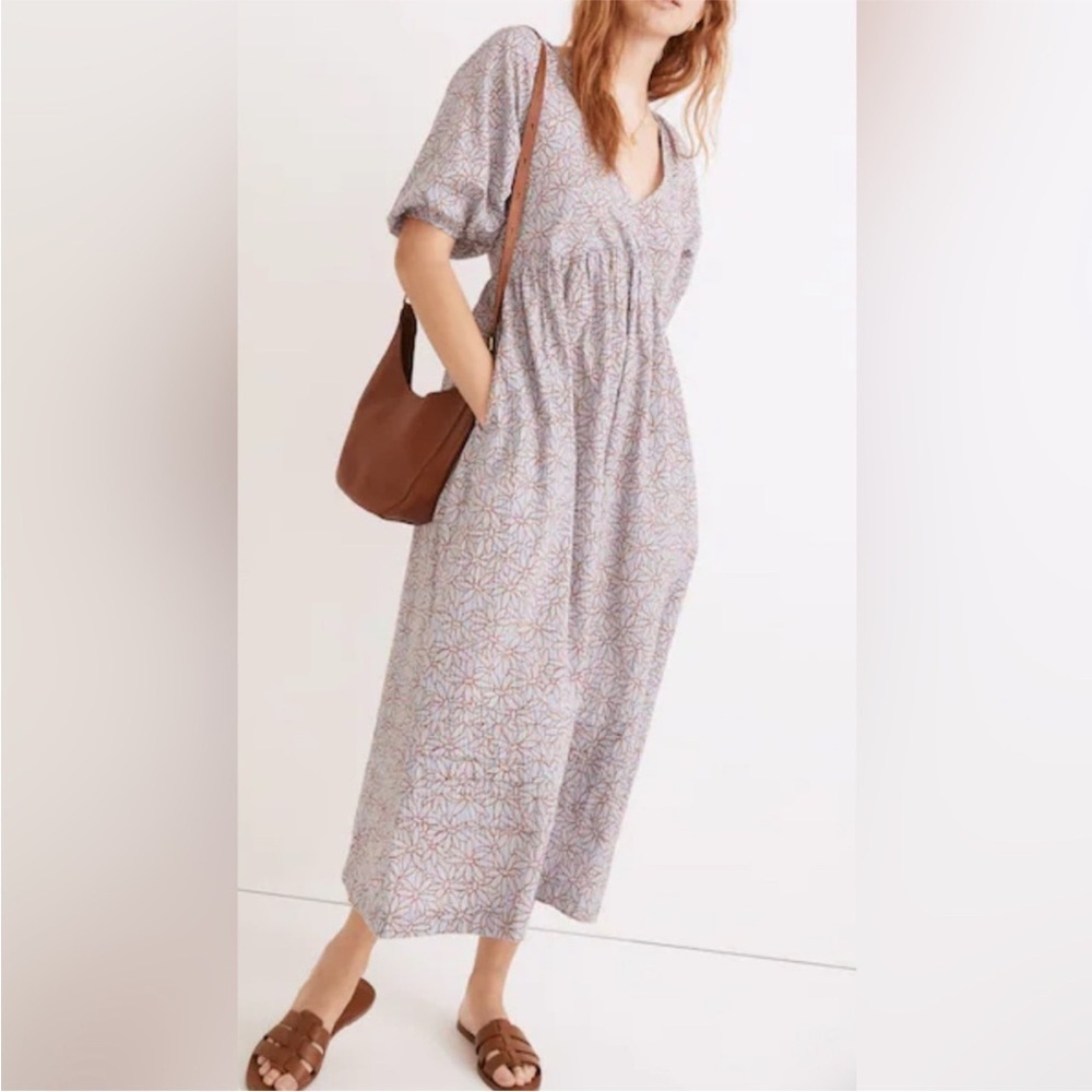 Madewell Marianna Puff Sleeve Midi Dress 100% Cotton Blue Floral Size XS